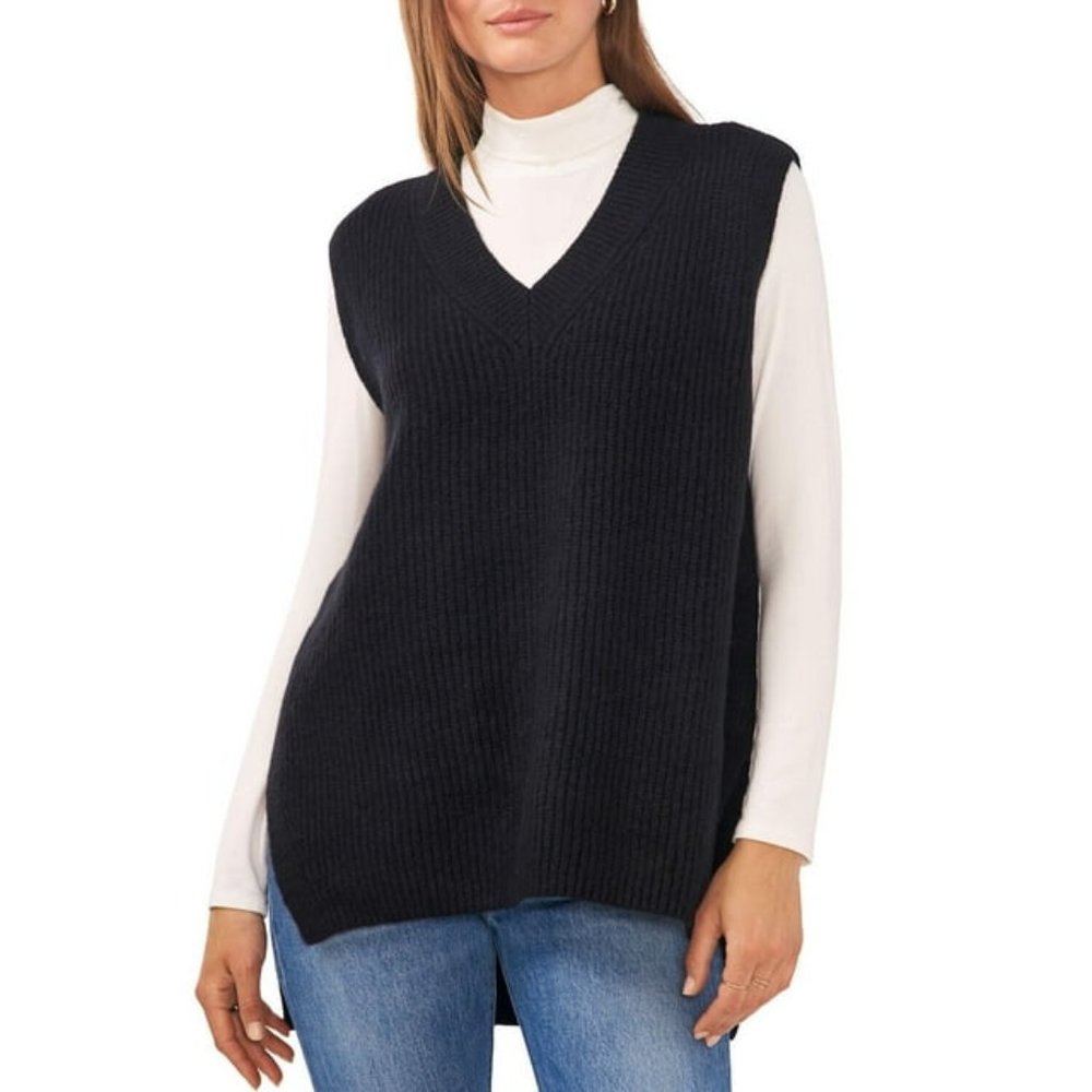 NWT Women Size XL Vince Camuto Black Oversized Knit V-Neck High-Low Sweater Vest